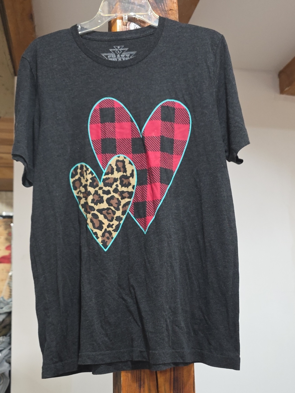 Crazy Train Charcoal Tee with Red Plaid & Leopard Heart Accents